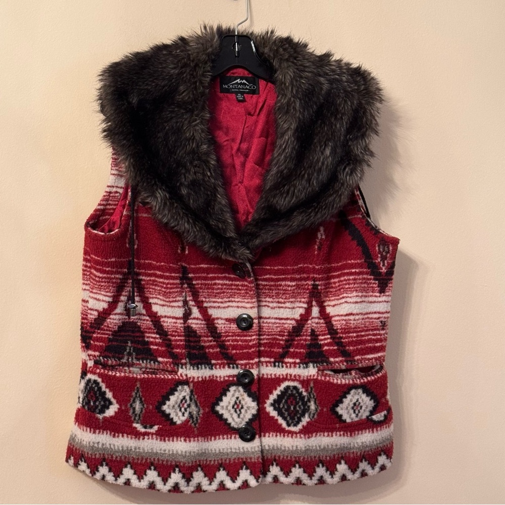 Woolrich Women's Red Patterned Vest with Faux Fur Collar